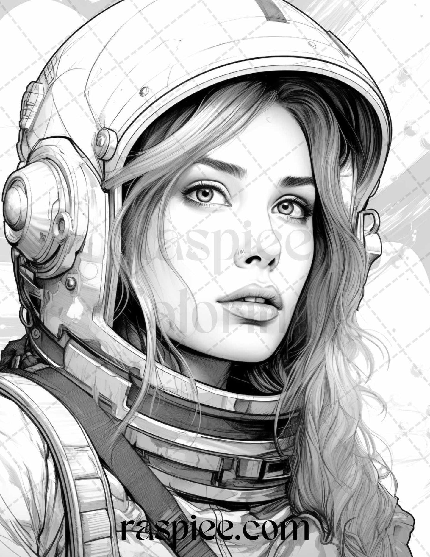 50 Astronaut Girl Portrait Grayscale Coloring Pages Printable for Adults, PDF File Instant Download