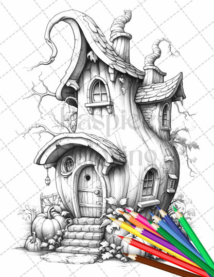 40 Pumpkin Fairy Houses Grayscale Coloring Pages Printable for Adults, PDF File Instant Download