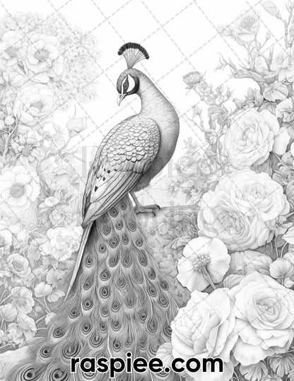 40 Majestic Peacocks Grayscale Adult Coloring Pages, Printable PDF Instant Download