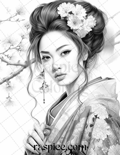 40 Beautiful Japanese Girls Grayscale Coloring Pages Printable for Adults, PDF File Instant Download