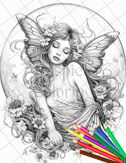 34 Beautiful Moon Fairies Grayscale Coloring Pages Printable for Adults, PDF File Instant Download