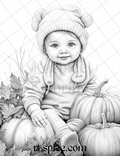 40 Pumpkin Babies Grayscale Coloring Pages for Adults and Kids, Printable PDF File Instant Download