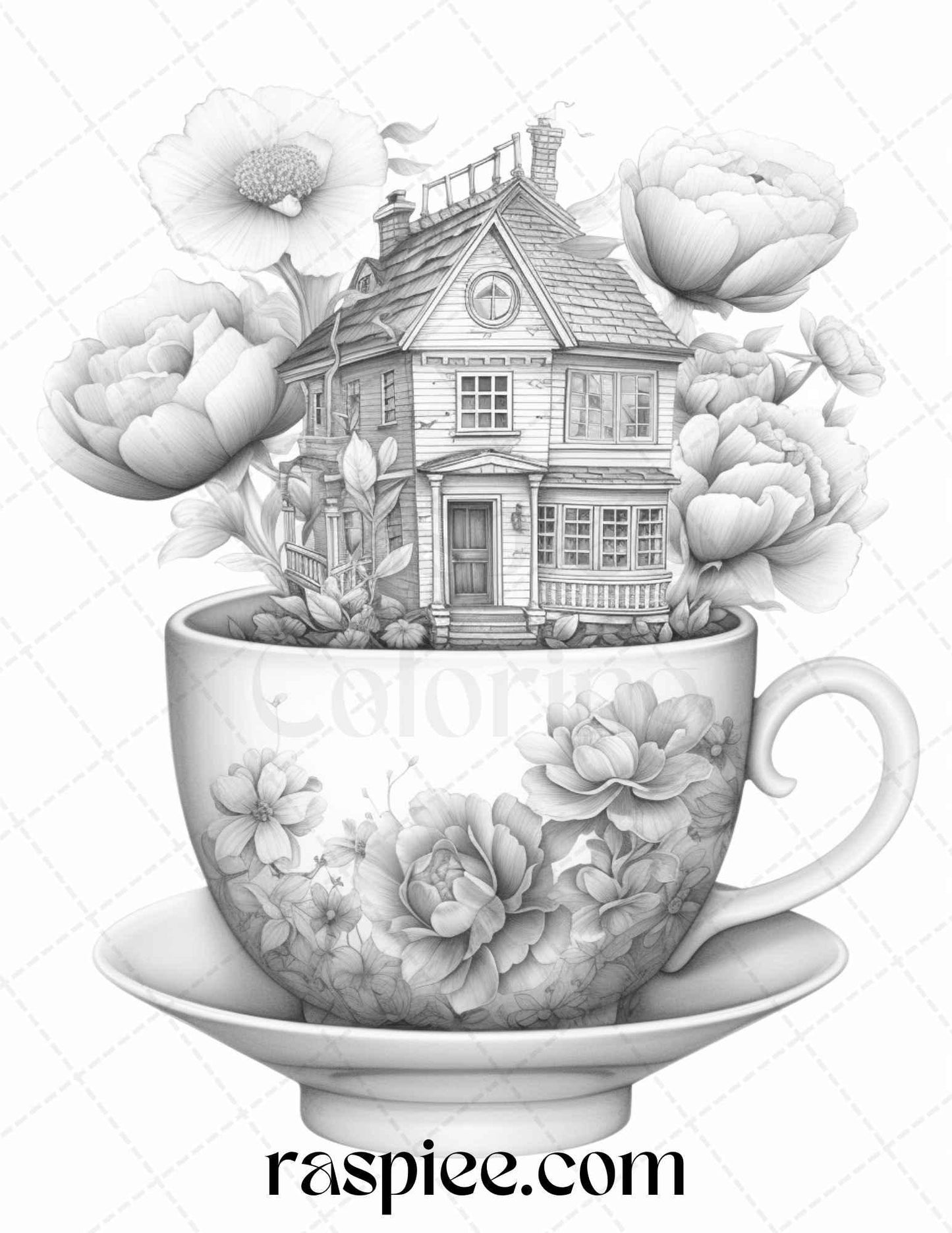 40 Flower Teacup Fairy Houses Grayscale Coloring Pages Printable for Adults, PDF File Instant Download