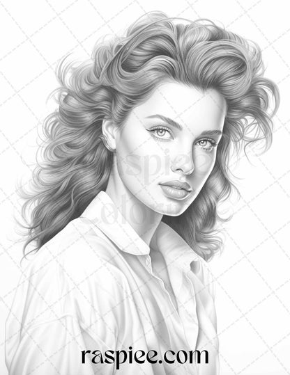 1980s Retro Beautiful Women Grayscale Coloring Pages for Adults, PDF File Instant Download