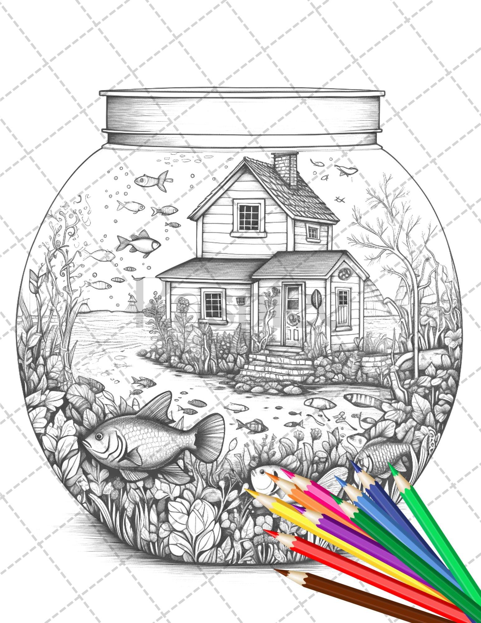 34 Fishtank Houses Coloring Book for Adults, Grayscale Coloring Page, Printable PDF Instant Download