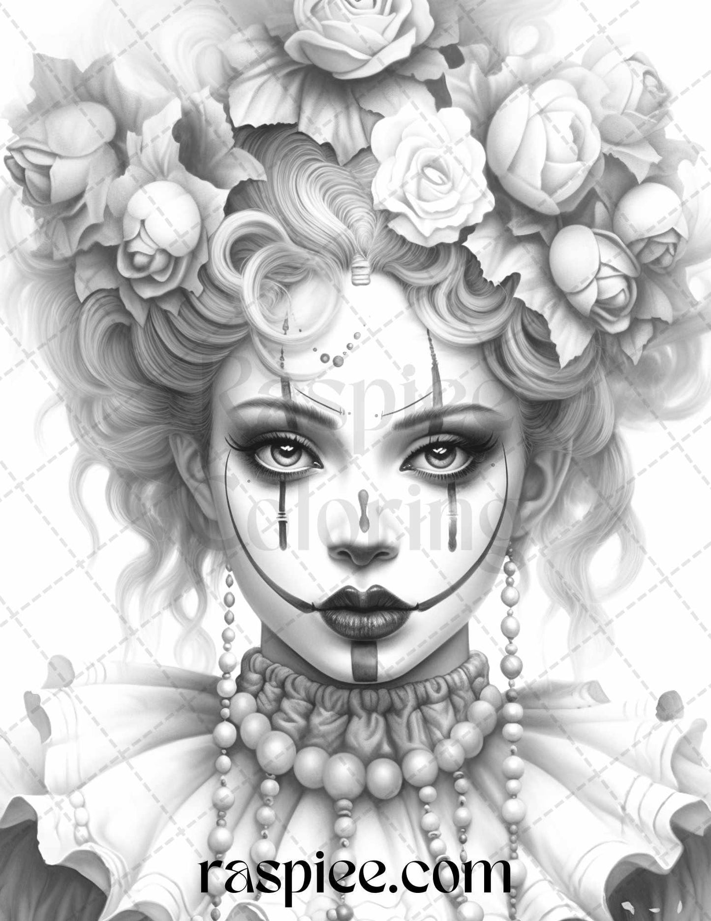 42 Beautiful Clown Girls Grayscale Coloring Pages Printable for Adults, PDF File Instant Download