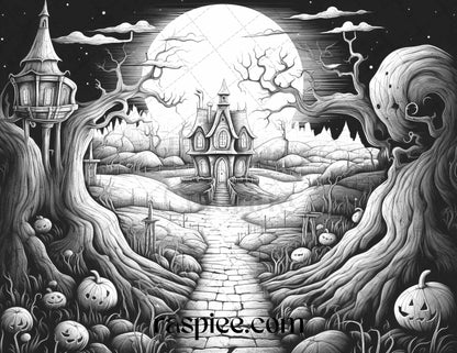 40 Halloween Landscapes Grayscale Coloring Pages Printable for Adults, PDF File Instant Download