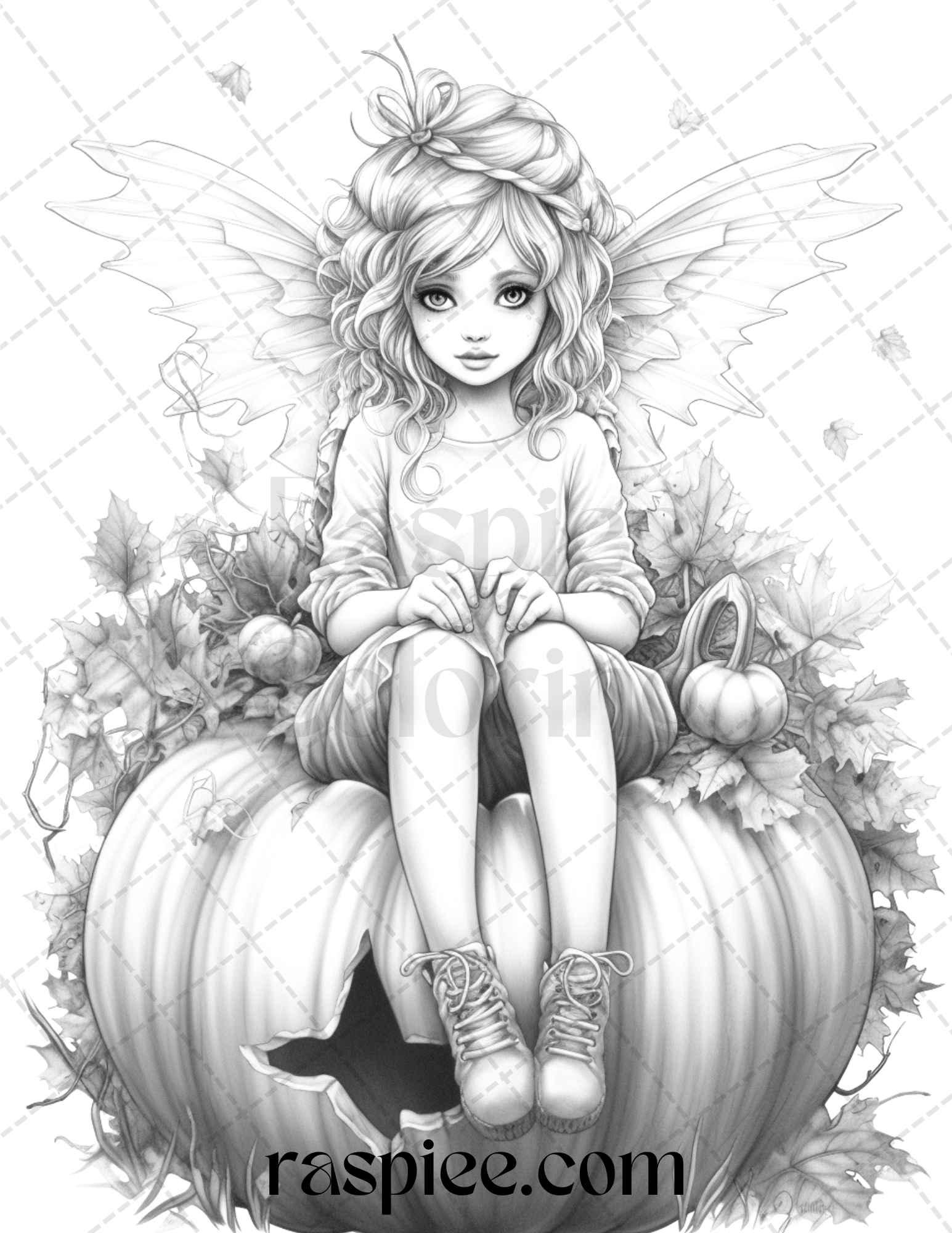 40 Pumpkin Fairy Girls Grayscale Coloring Pages Printable for Adults, PDF File Instant Download