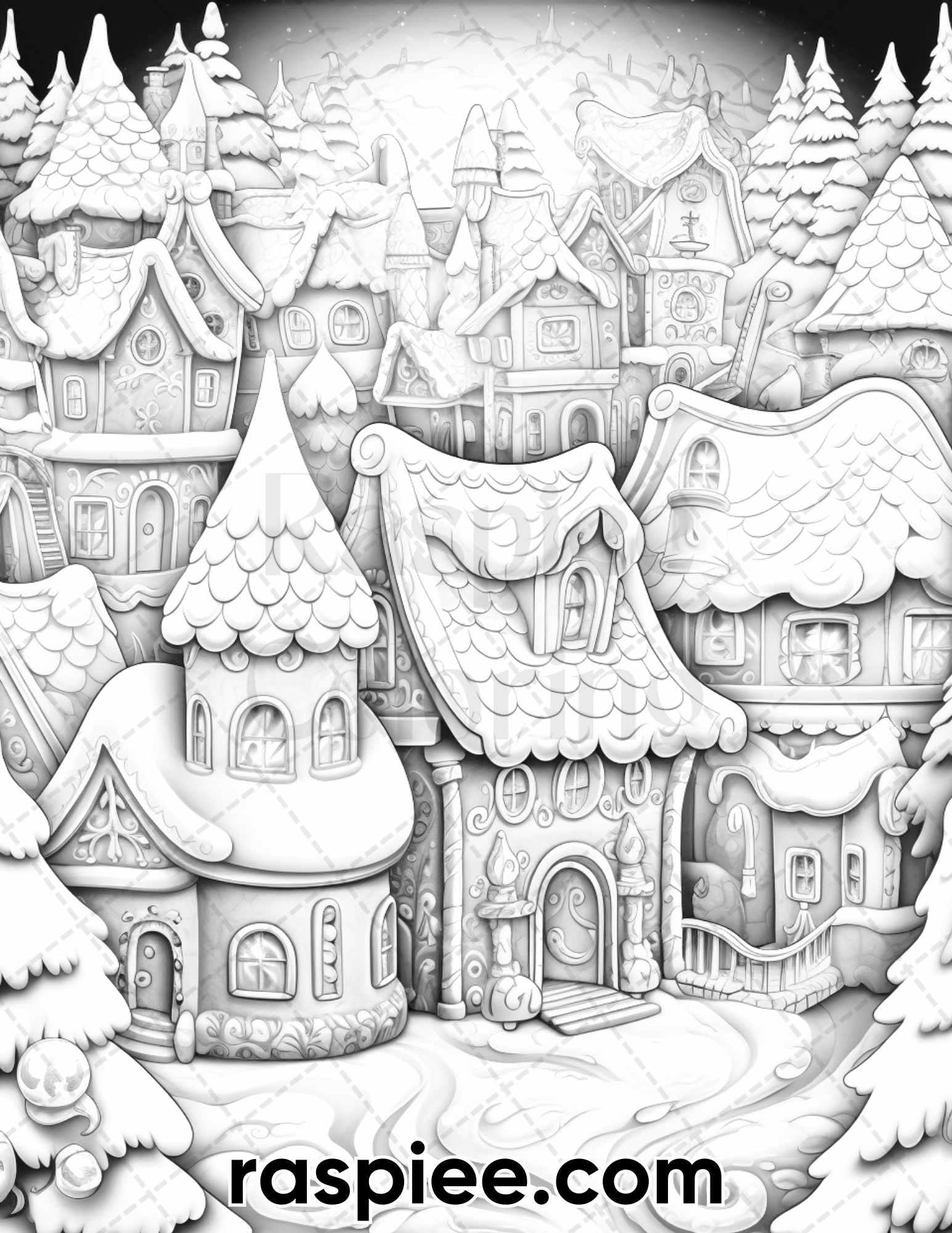 40 Gingerbread Village Grayscale Coloring Pages for Adults, Printable PDF Instant Download