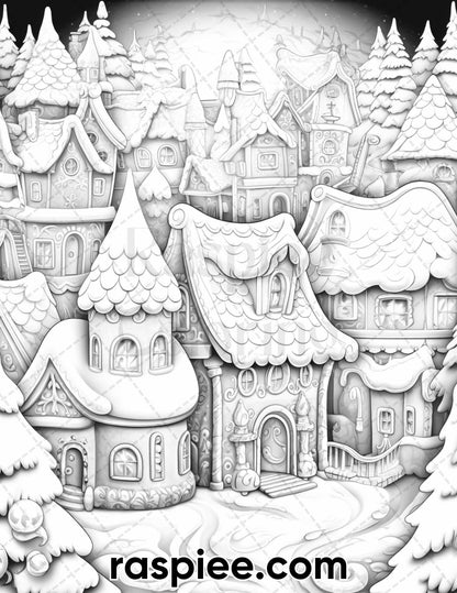 40 Gingerbread Village Grayscale Coloring Pages for Adults, Printable PDF Instant Download