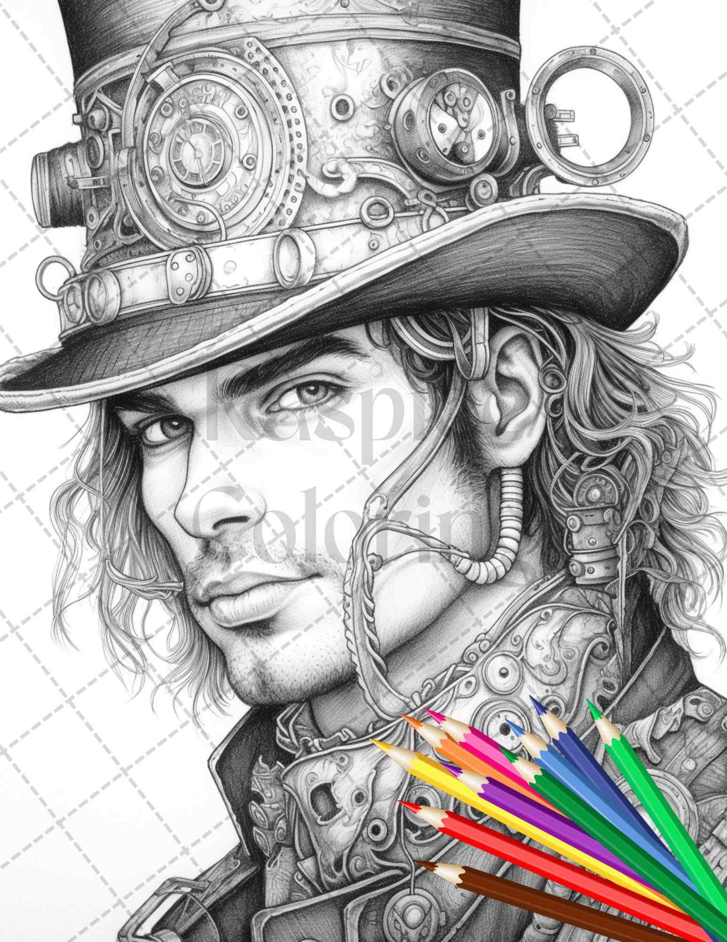 42 Steampunk Mens Grayscale Coloring Pages Printable for Adults, PDF File Instant Download