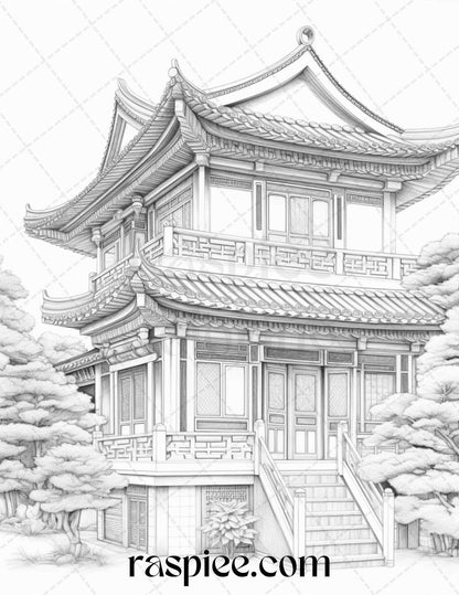 40 Traditional Chinese Houses Grayscale Coloring Pages Printable for Adults, PDF File Instant Download