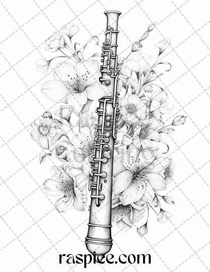 30 Musical Instrument Flower Grayscale Coloring Pages Printable for Adults, PDF File Instant Download