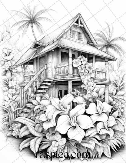 40 Hawaii Tiki Houses Grayscale Coloring Pages Printable for Adults, PDF File Instant Download