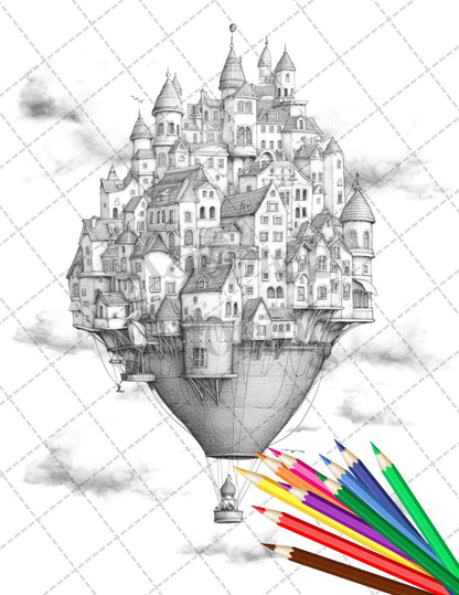 40 Fantasy Sky Houses Grayscale Coloring Pages Printable for Adults, PDF File Instant Download