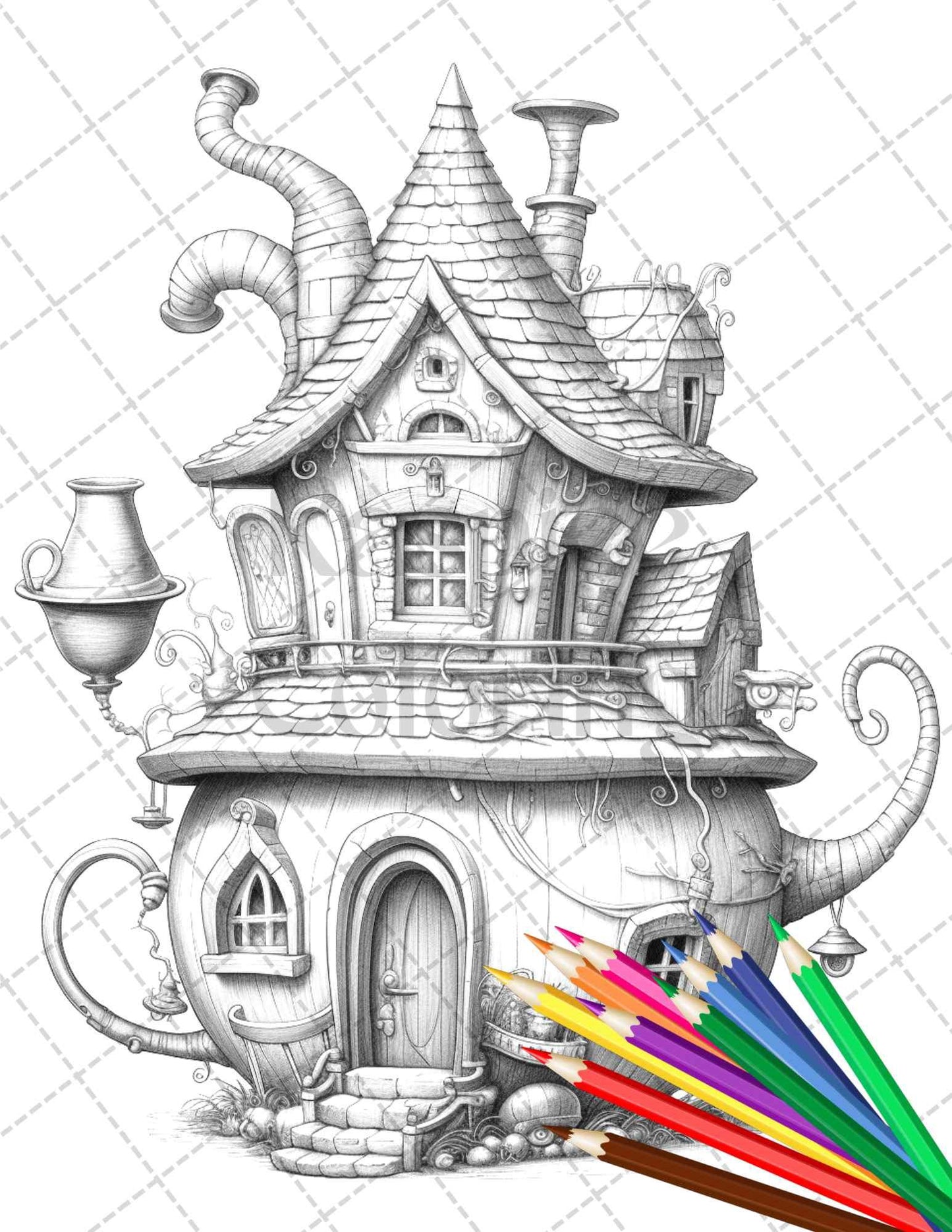 40 Teapot Fairy Houses Grayscale Coloring Pages Printable for Adults, PDF File Instant Download