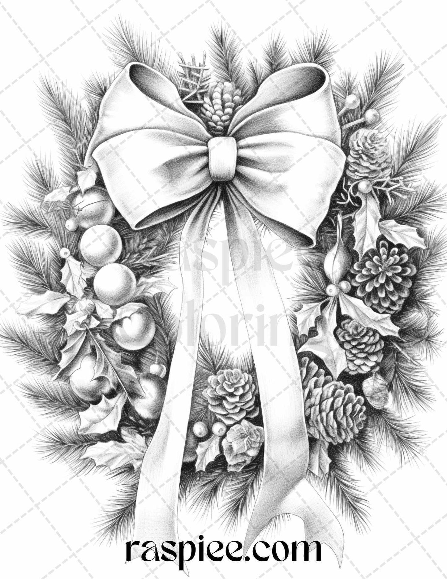 40 Christmas Wreath Grayscale Coloring Pages Printable for Adults, PDF File Instant Download