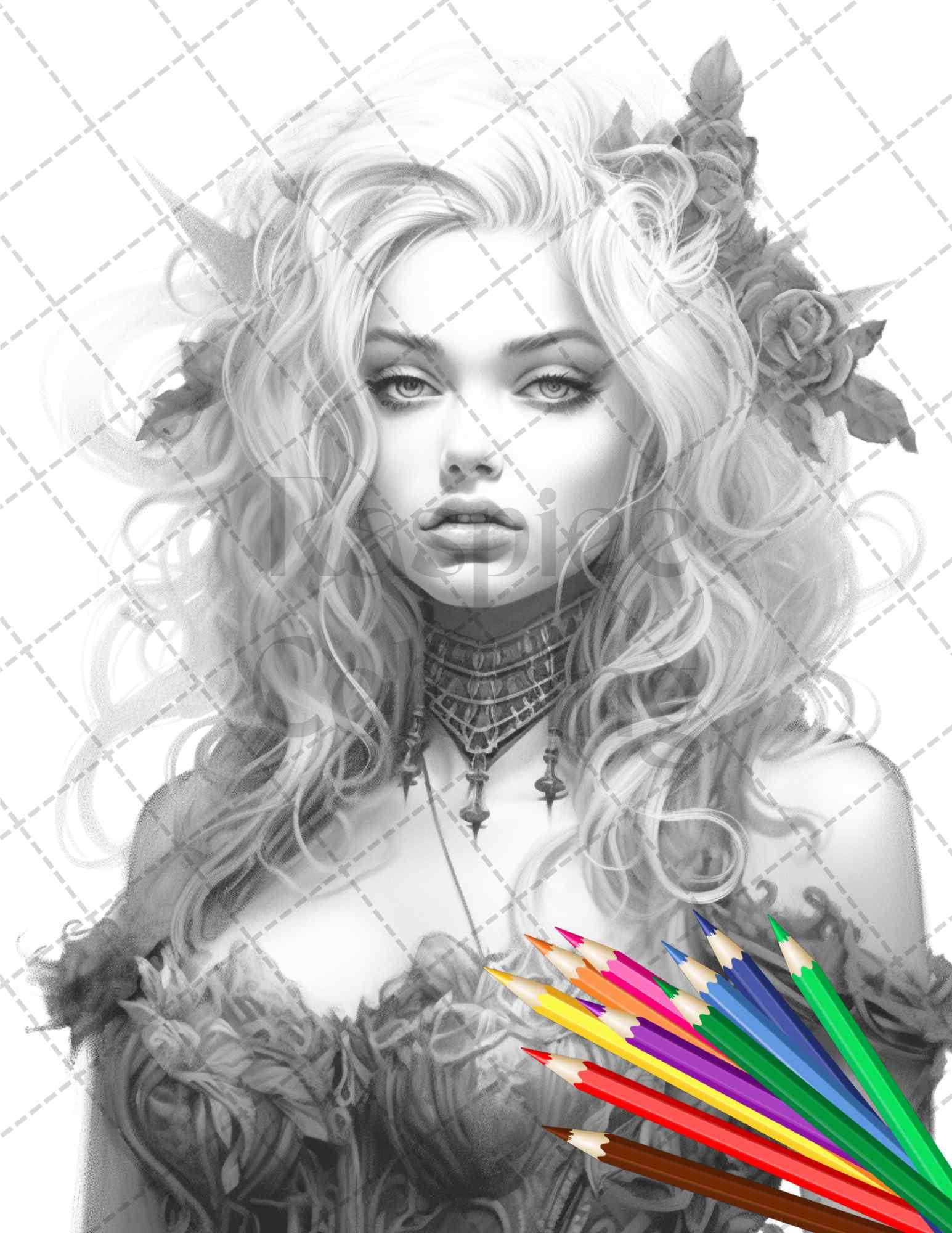 40 Beautiful Gothic Girls Grayscale Coloring Pages Printable for Adults, PDF File Instant Download