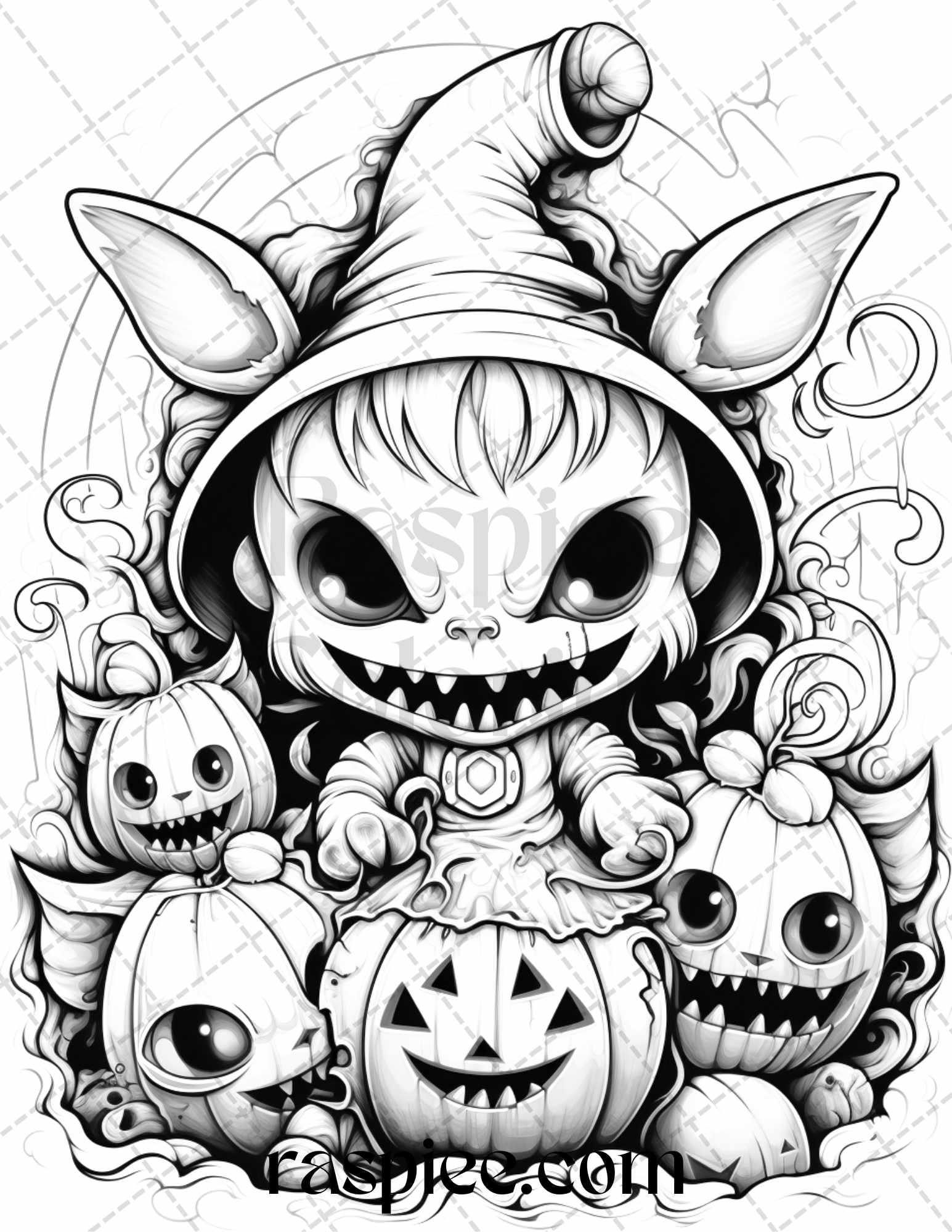 40 Halloween Creepy Kawaii Grayscale Coloring Pages for Adults and Kids, Printable PDF File Instant Download