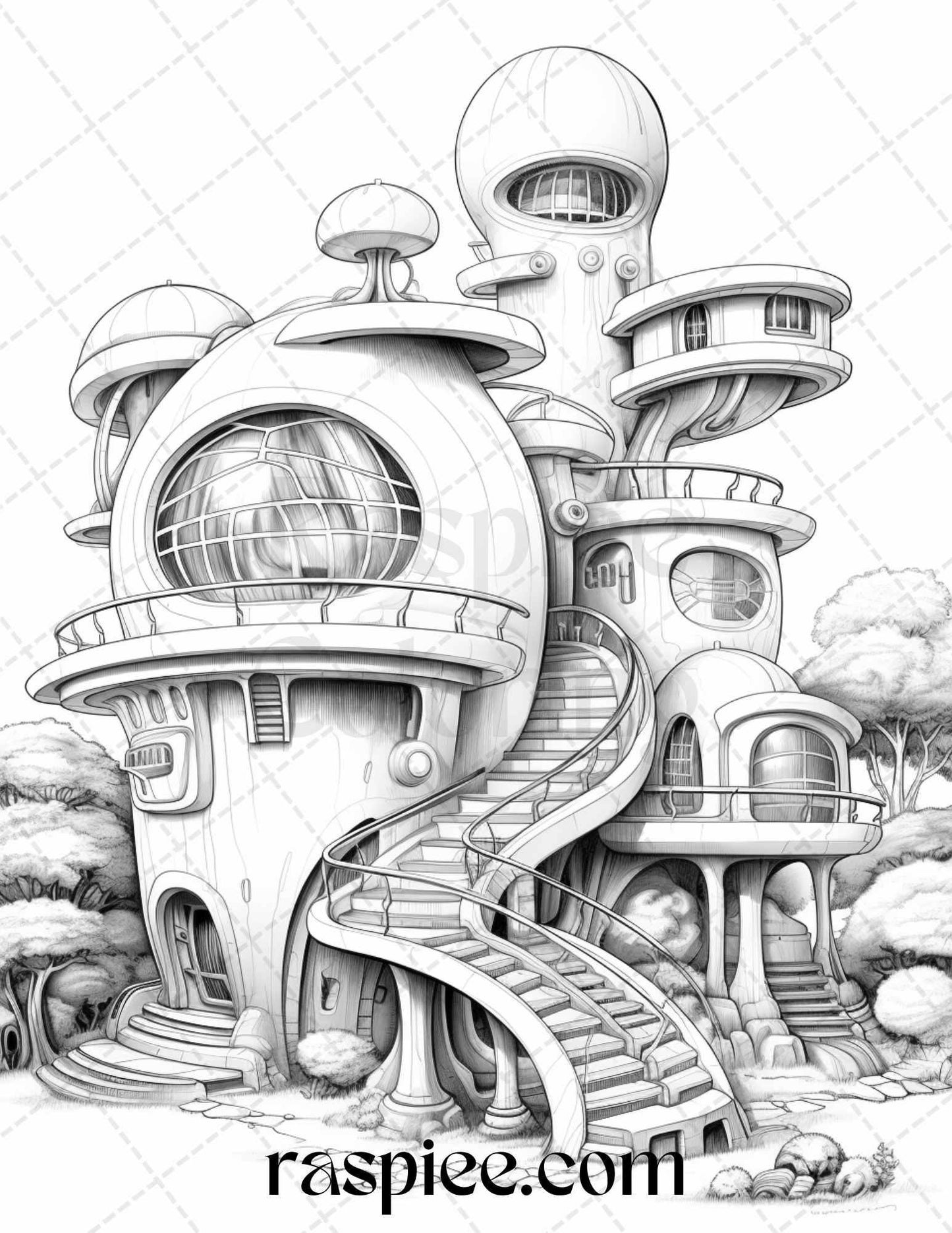 43 Futuristic Houses Grayscale Coloring Pages Printable for Adults, PDF File Instant Download