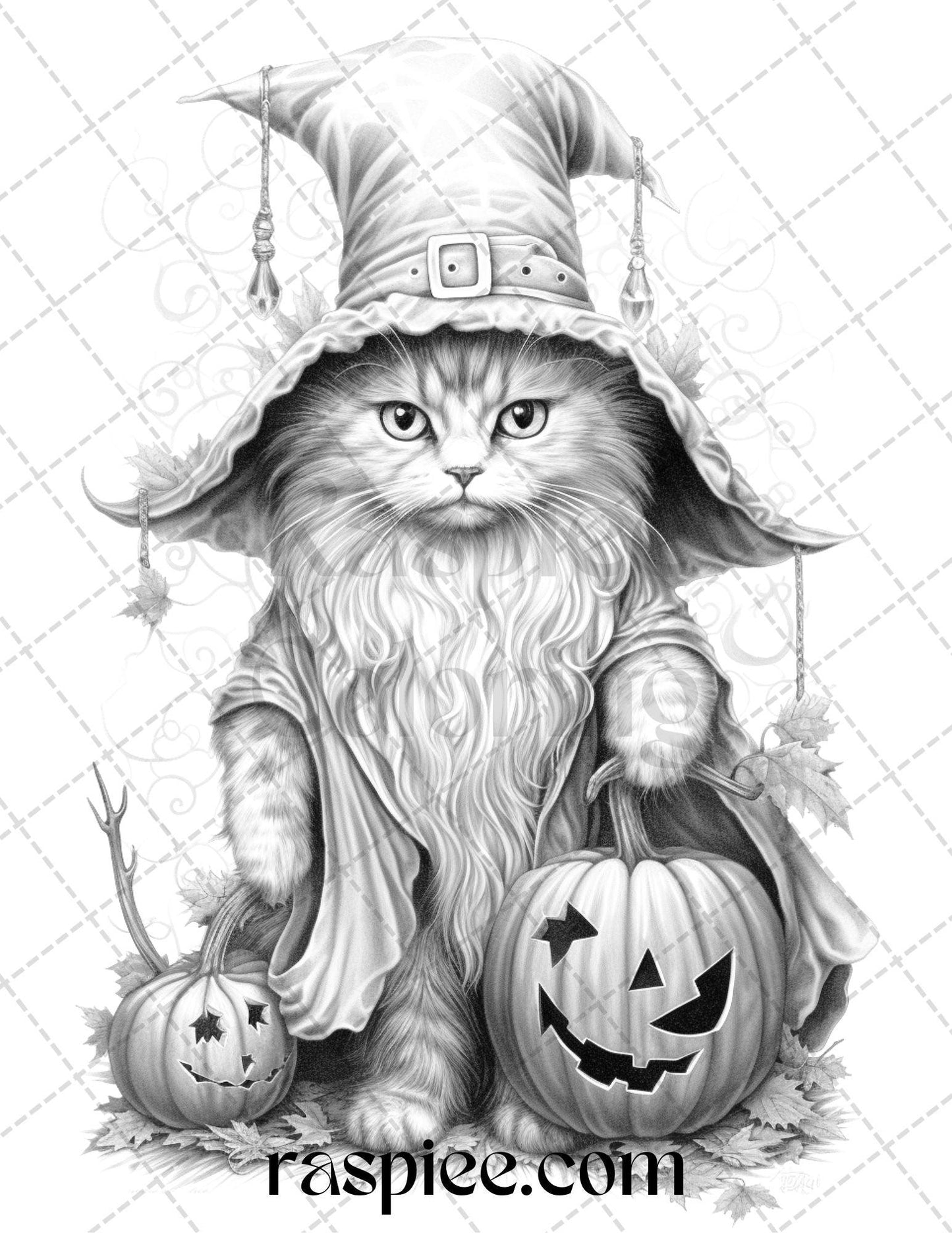 40 Halloween Witch Cat Grayscale Coloring Pages Printable for Adults, PDF File Instant Download