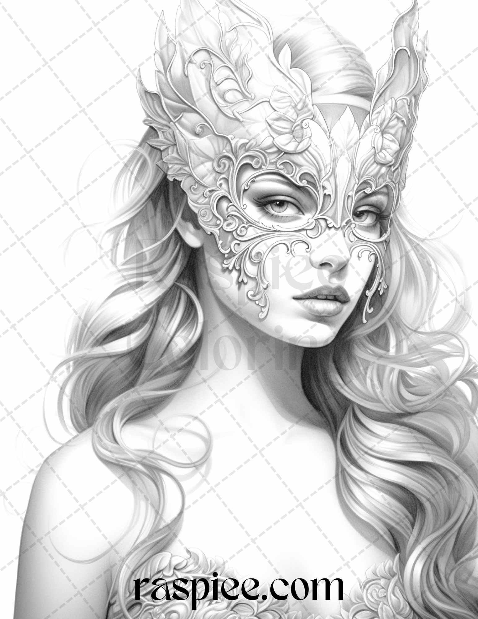 40 Masquerade Girls Grayscale Coloring Pages Printable for Adults, PDF File Instant Download