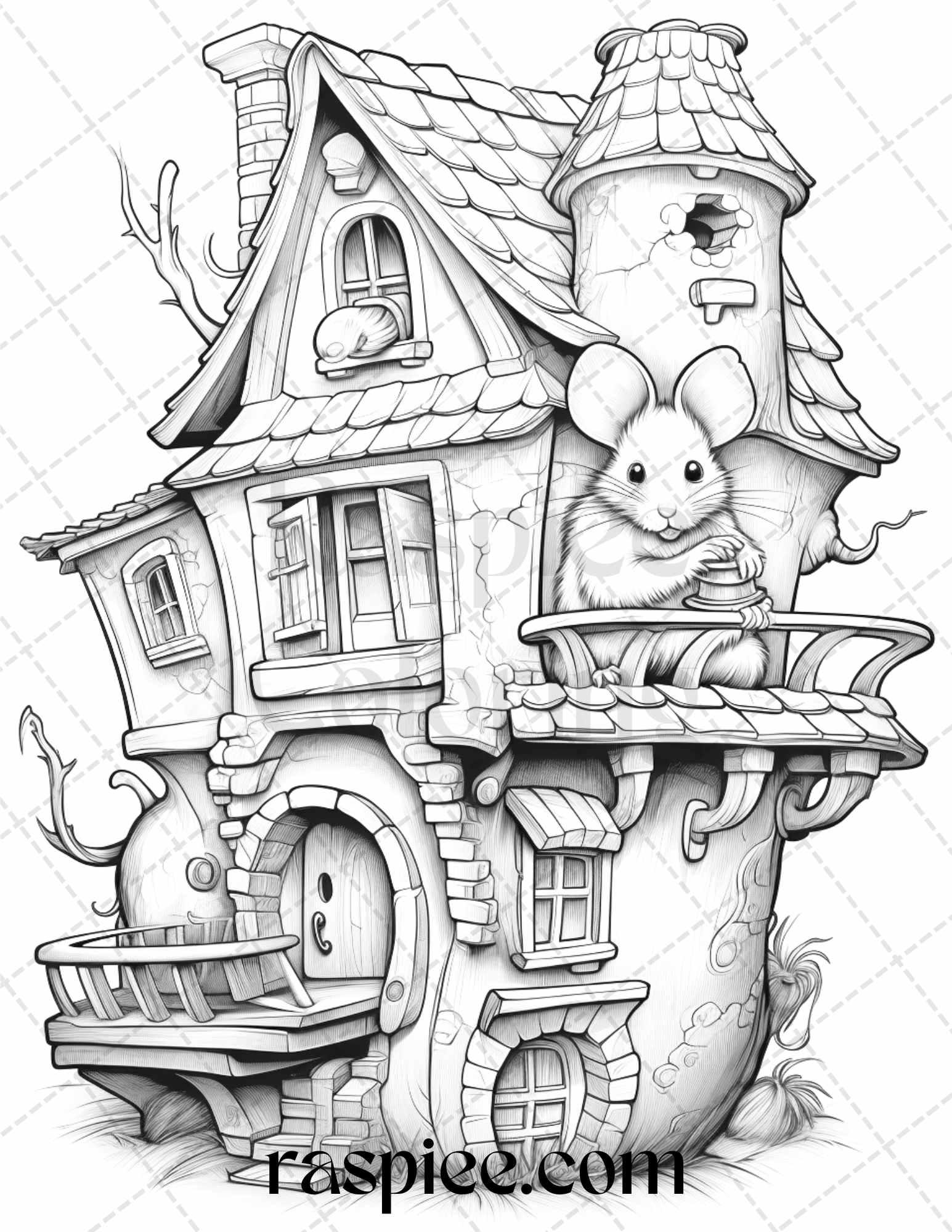 40 Magical Mouse Houses Grayscale Coloring Pages Printable for Adults, PDF File Instant Download