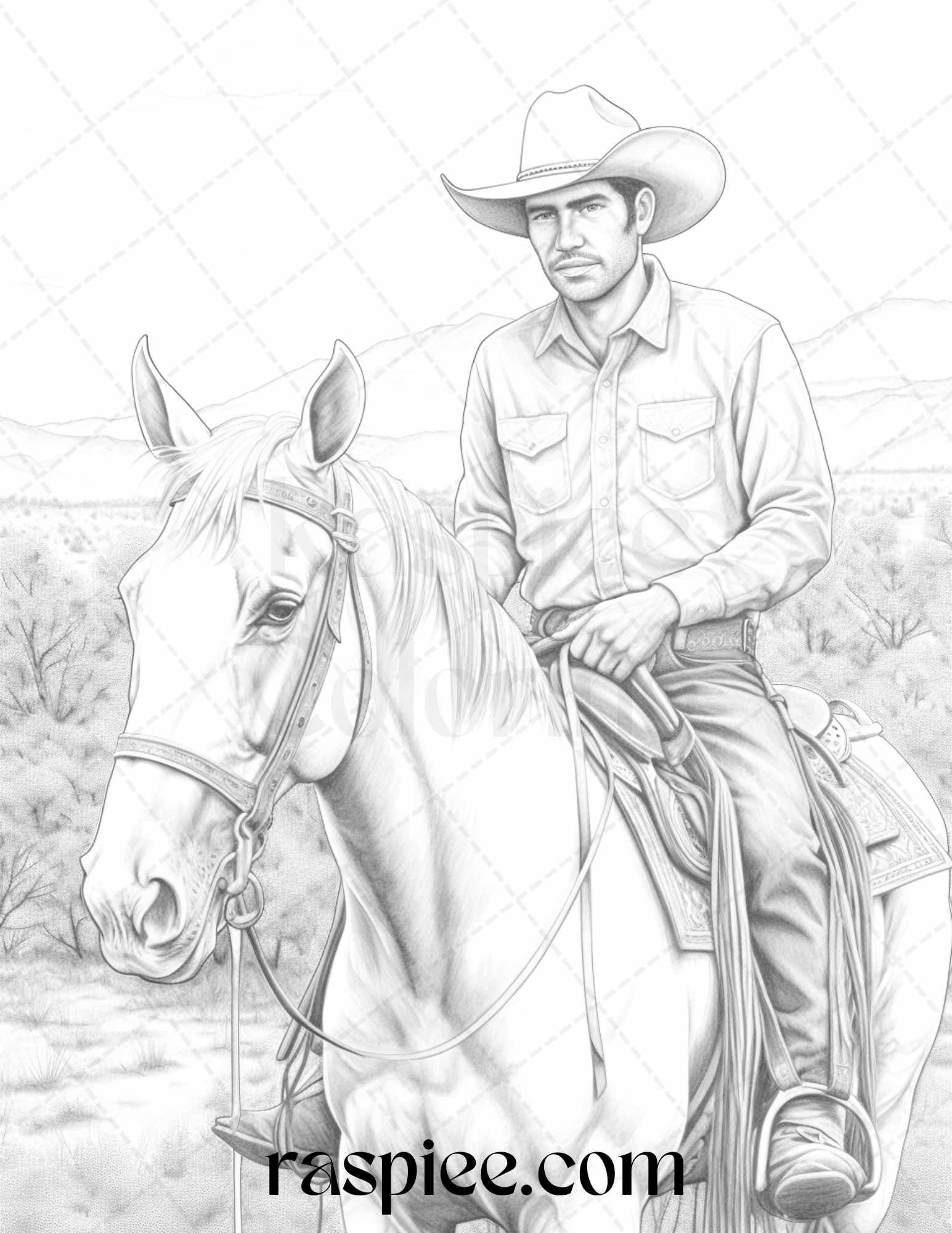 45 Wild West Cowboys Grayscale Coloring Pages Printable for Adults, PDF File Instant Download