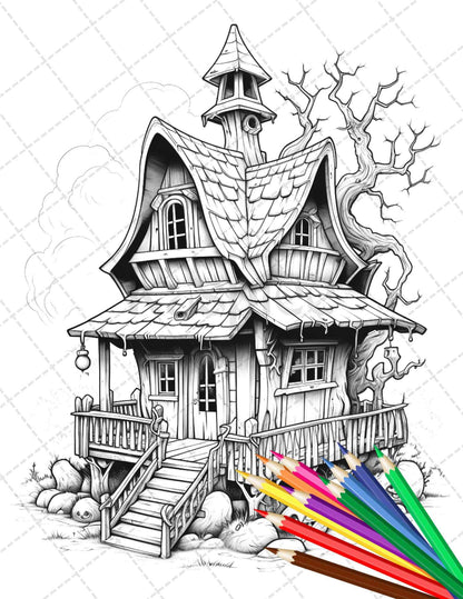 32 Spooky Houses Coloring Pages Printable for Adults, Grayscale Coloring Page, PDF File Instant Download