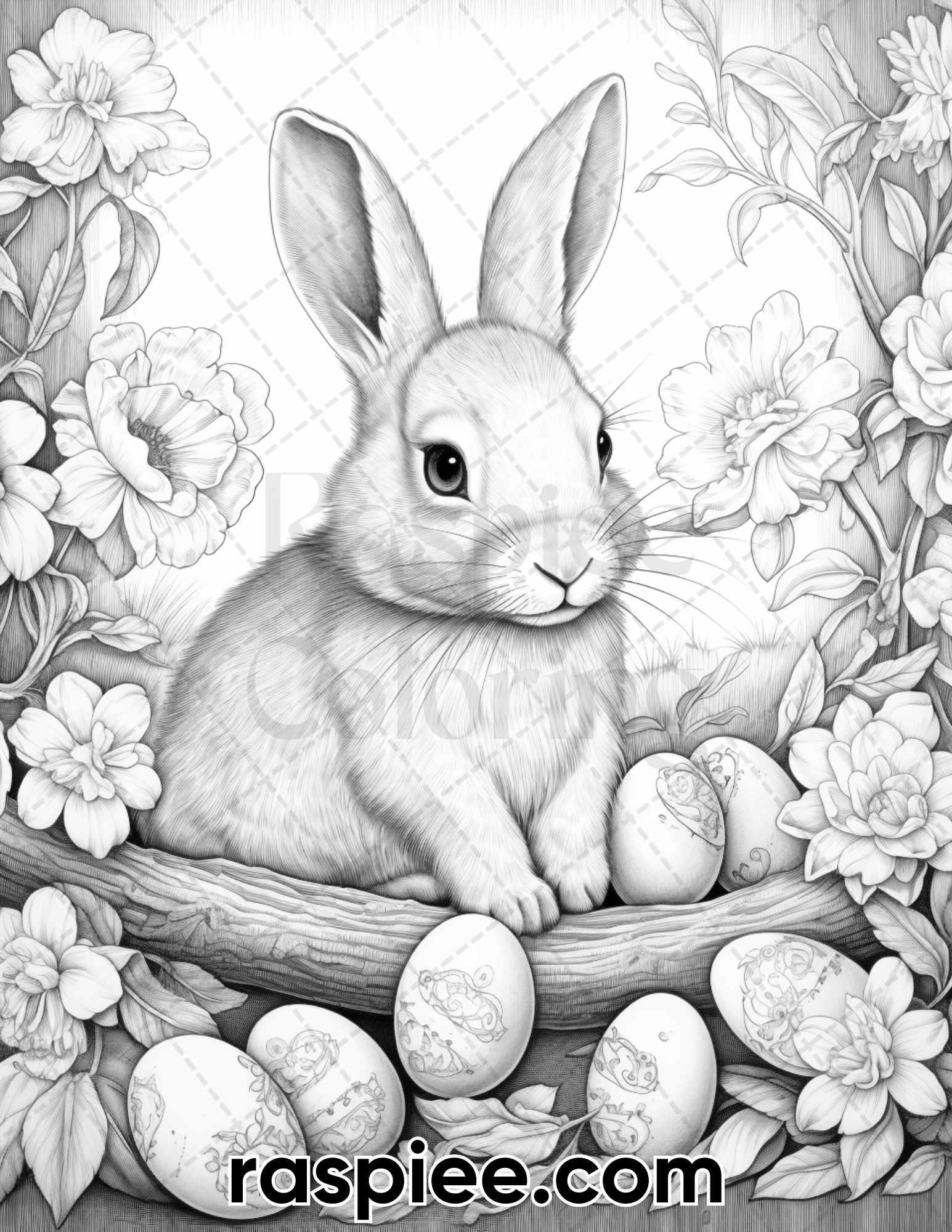 40 Easter Bunny Grayscale Adult Coloring Pages, Printable PDF Instant Download