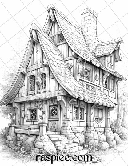 40 Viking Houses Grayscale Coloring Pages Printable for Adults, PDF File Instant Download