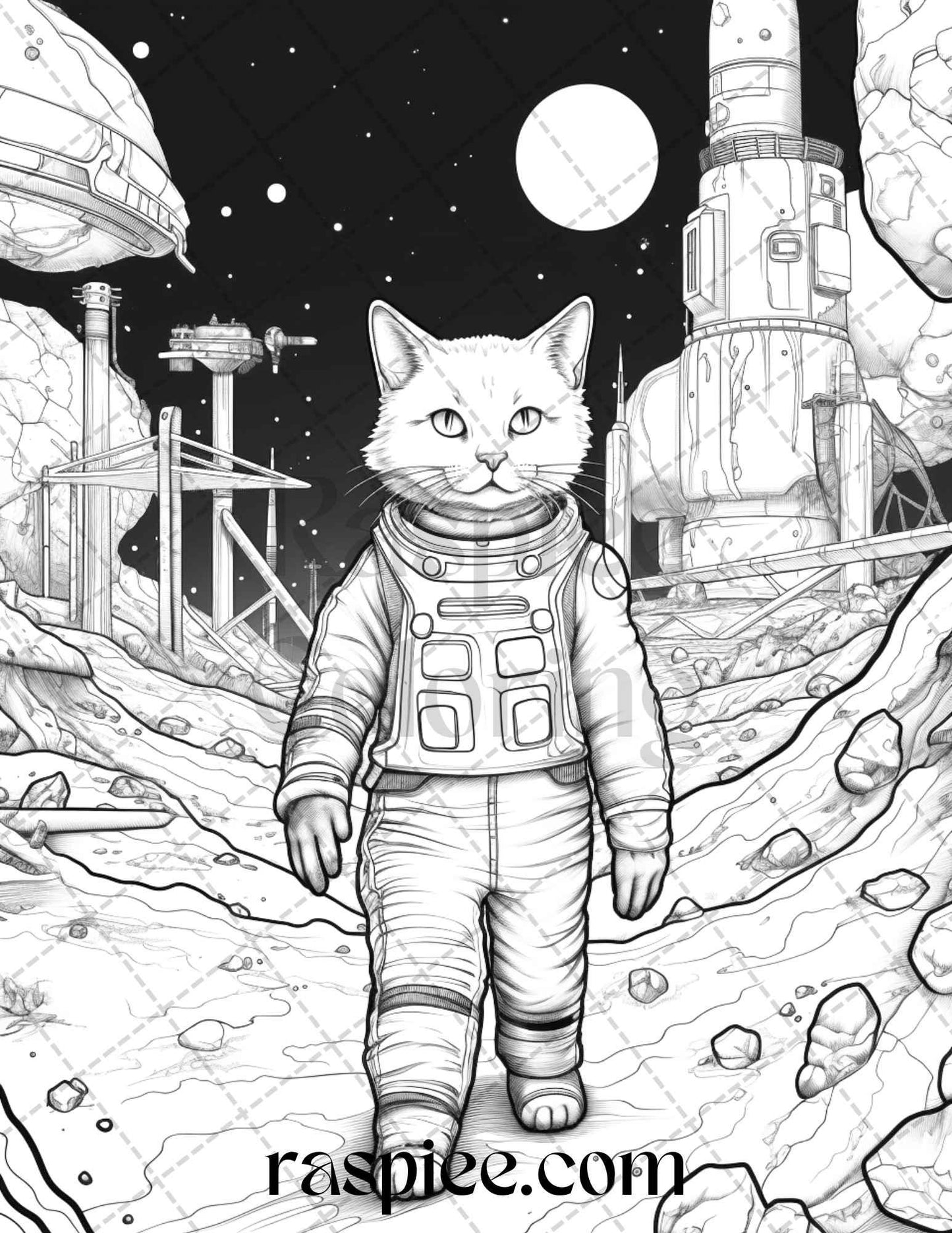 40 Cat Astronaut Grayscale Coloring Pages Printable for Adults Kids, PDF File Instant Download