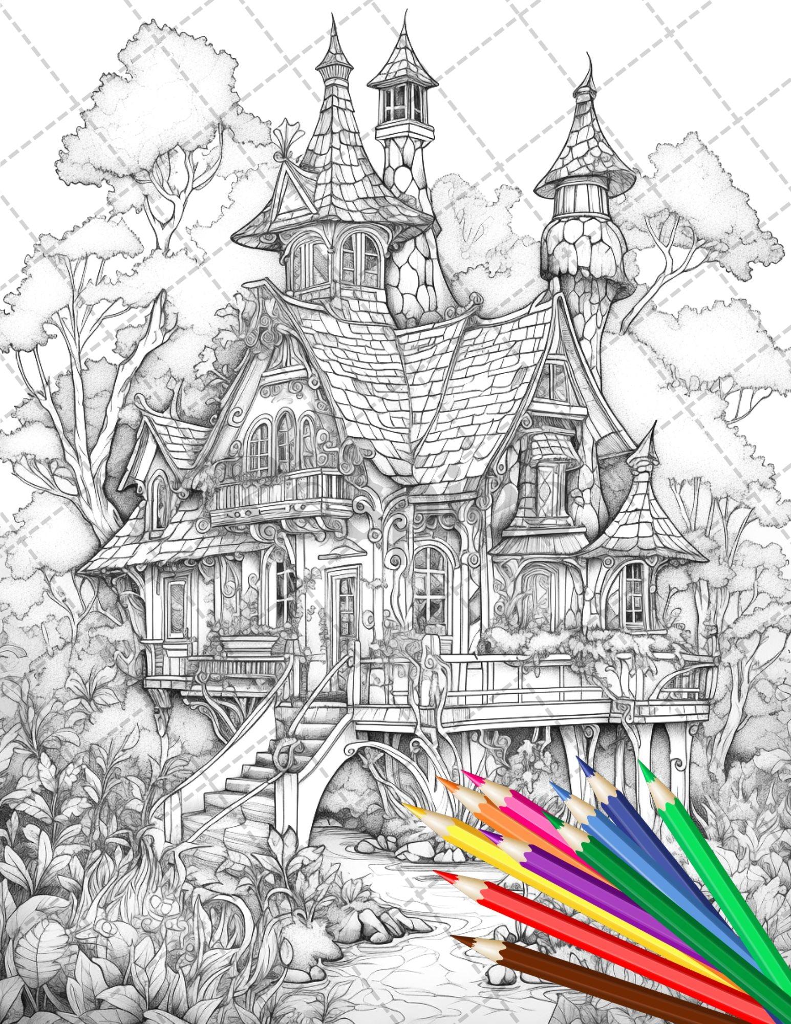 30 Fantasy Fairy Houses Coloring Page Book, Printable Adult Coloring Pages, Enchanted Fairy Home Grayscale Coloring Book, Printable PDF File