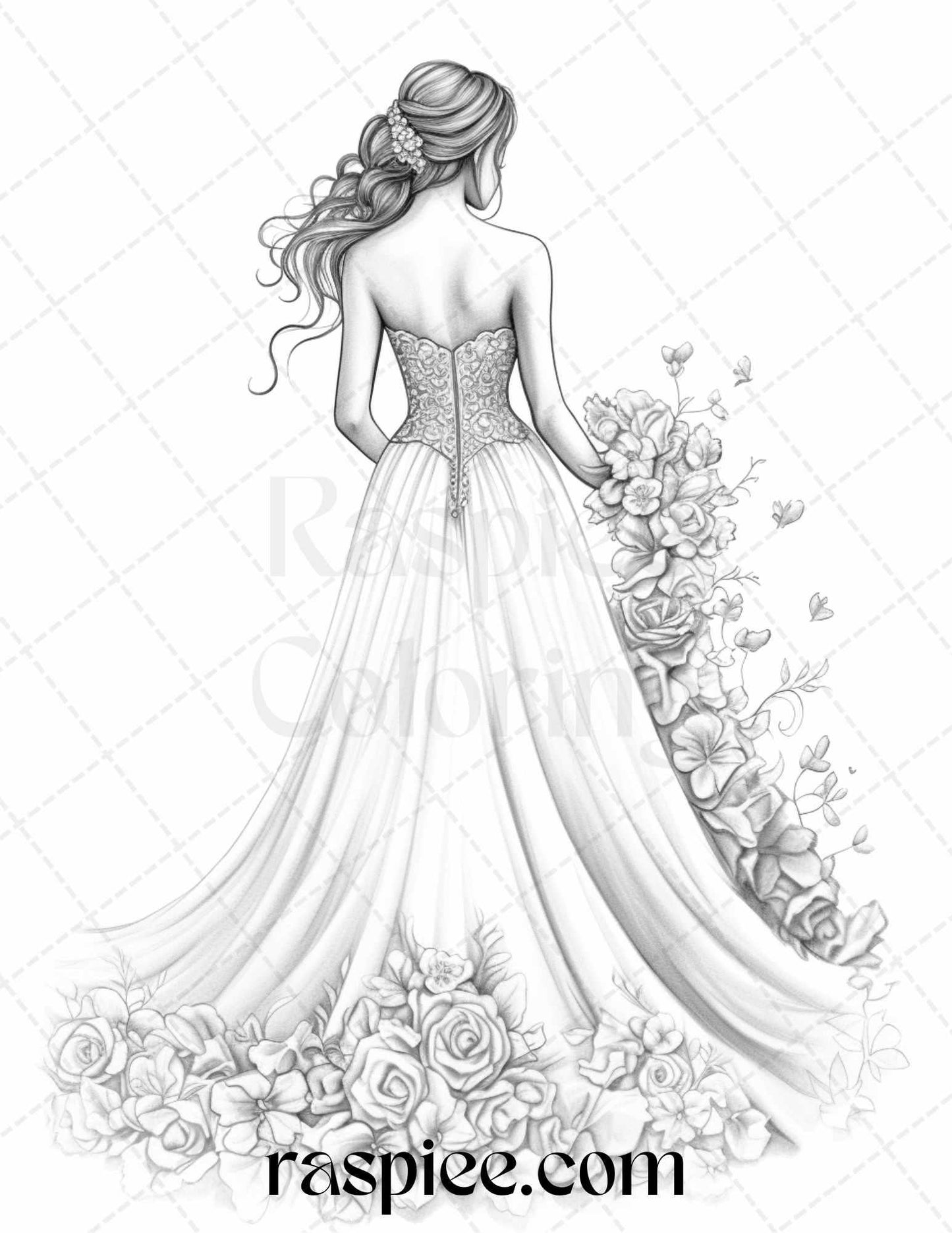 40 Elegant Floral Wedding Dresses Grayscale Coloring Pages Printable for Adults, PDF File Instant Download