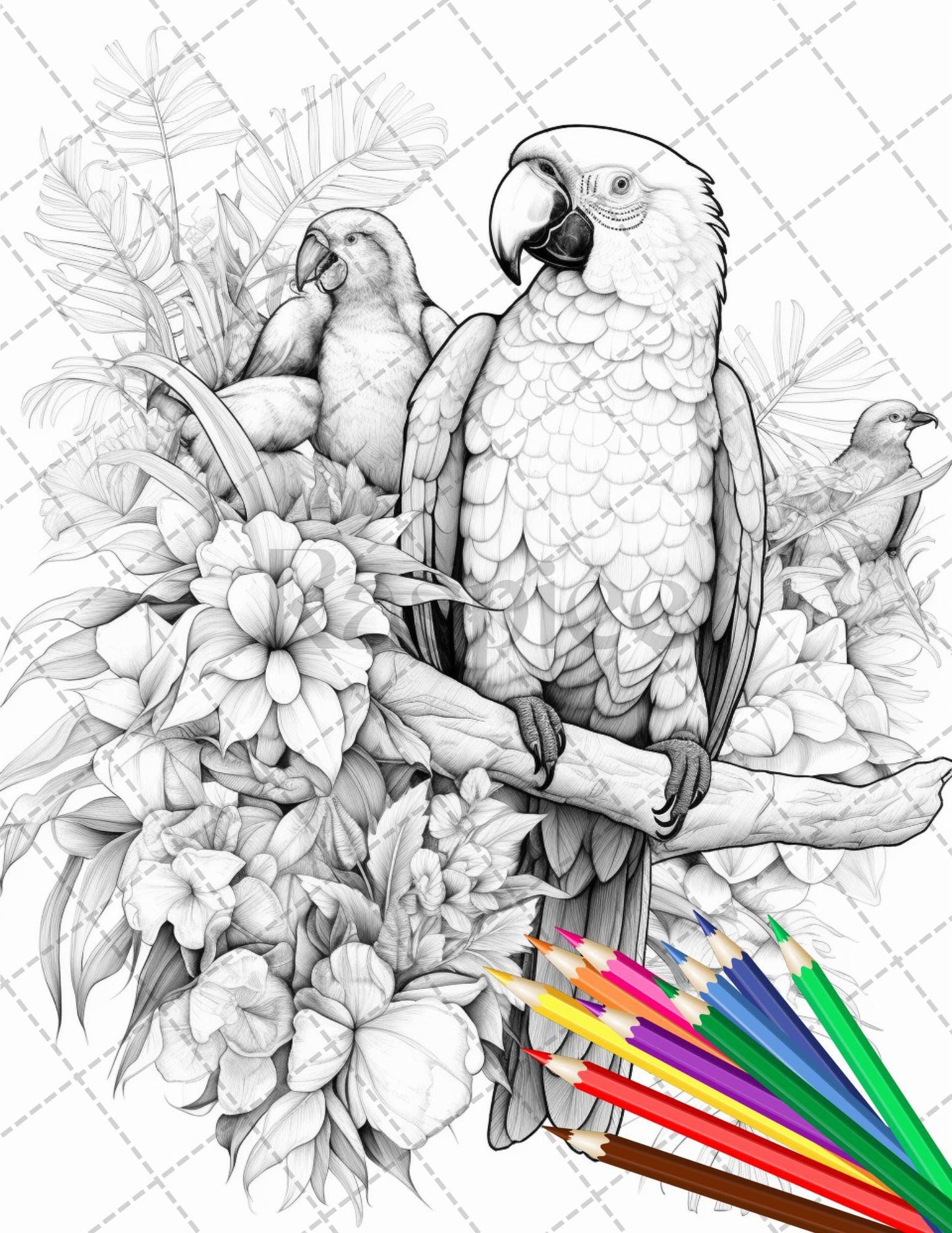 31 Tropical Birds Coloring Book for Adults, Grayscale Coloring Page, Printable PDF Instant Download