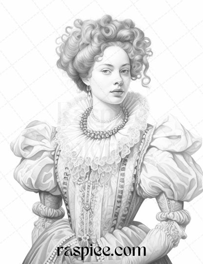 40 Baroque Women Portrait Grayscale Adult Coloring Pages Printable, PDF File Instant Download