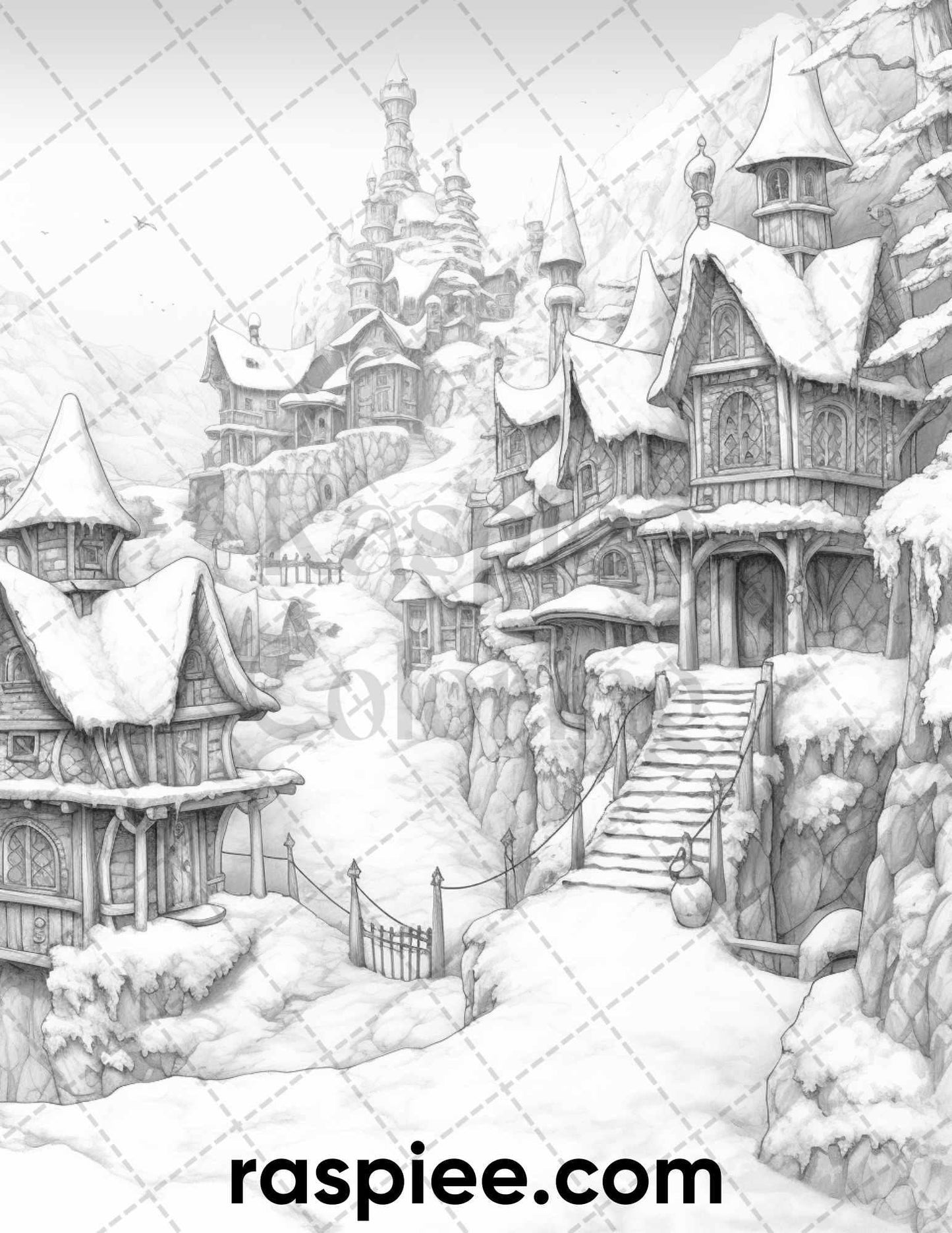 40 Fantasy Winter Village Grayscale Coloring Pages for Adults, PDF File Instant Download