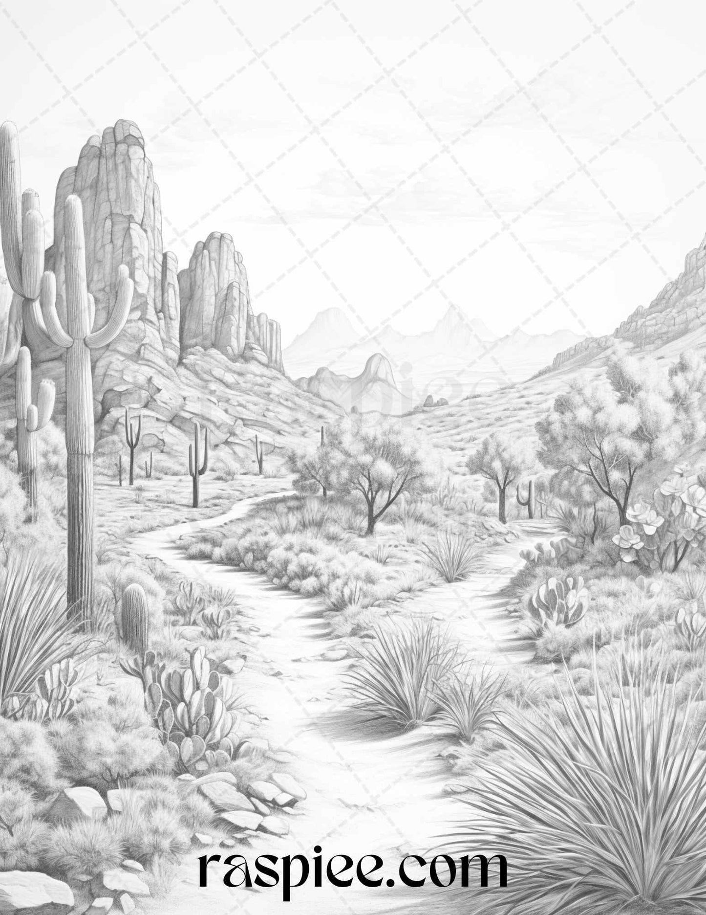 40 Desert Landscapes Grayscale Coloring Pages Printable for Adults, PDF File Instant Download