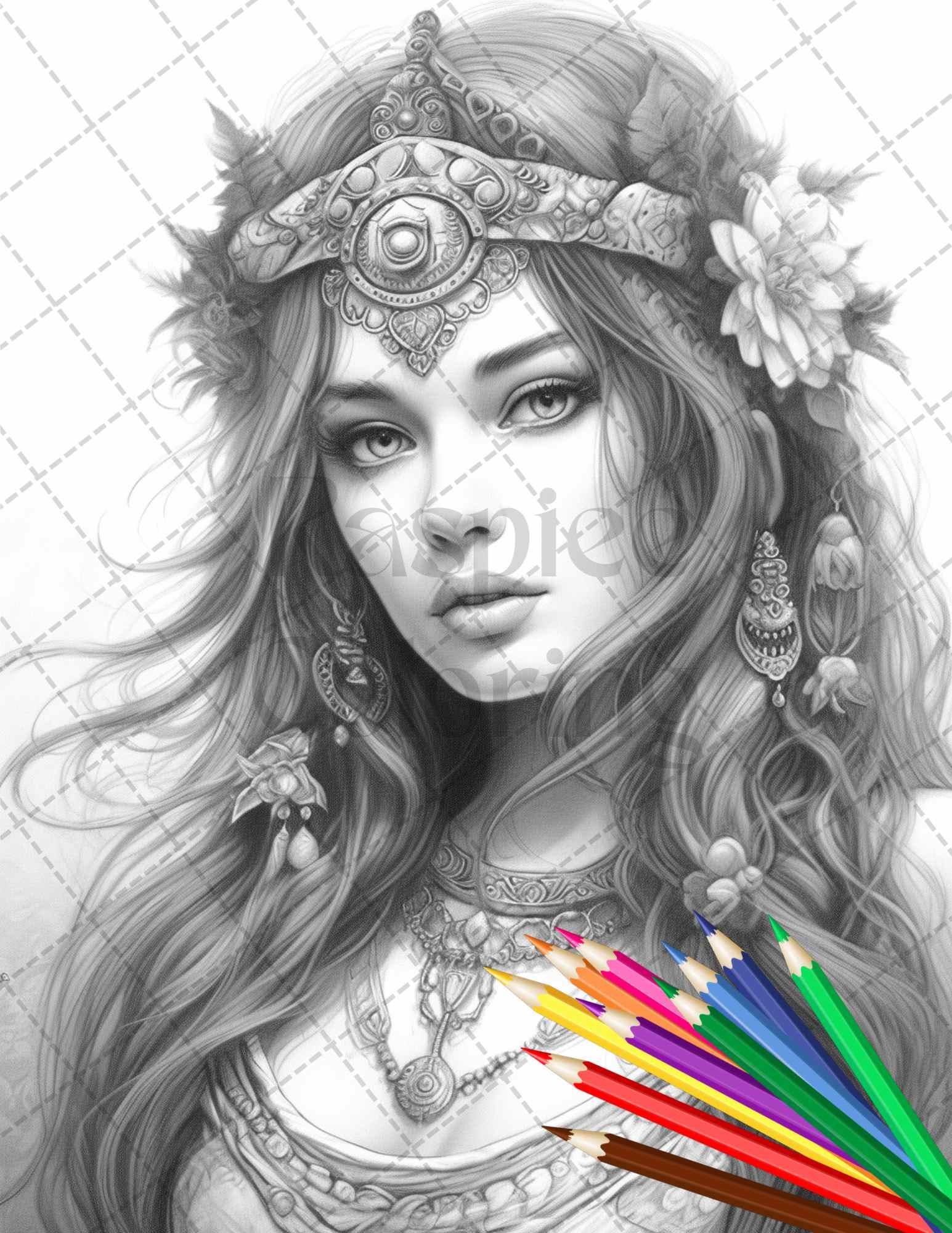 43 Beautiful Hippie Girls Grayscale Coloring Pages Printable for Adults, PDF File Instant Download