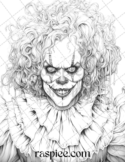 40 Spooky Clowns Grayscale Coloring Pages Printable for Adults, PDF File Instant Download