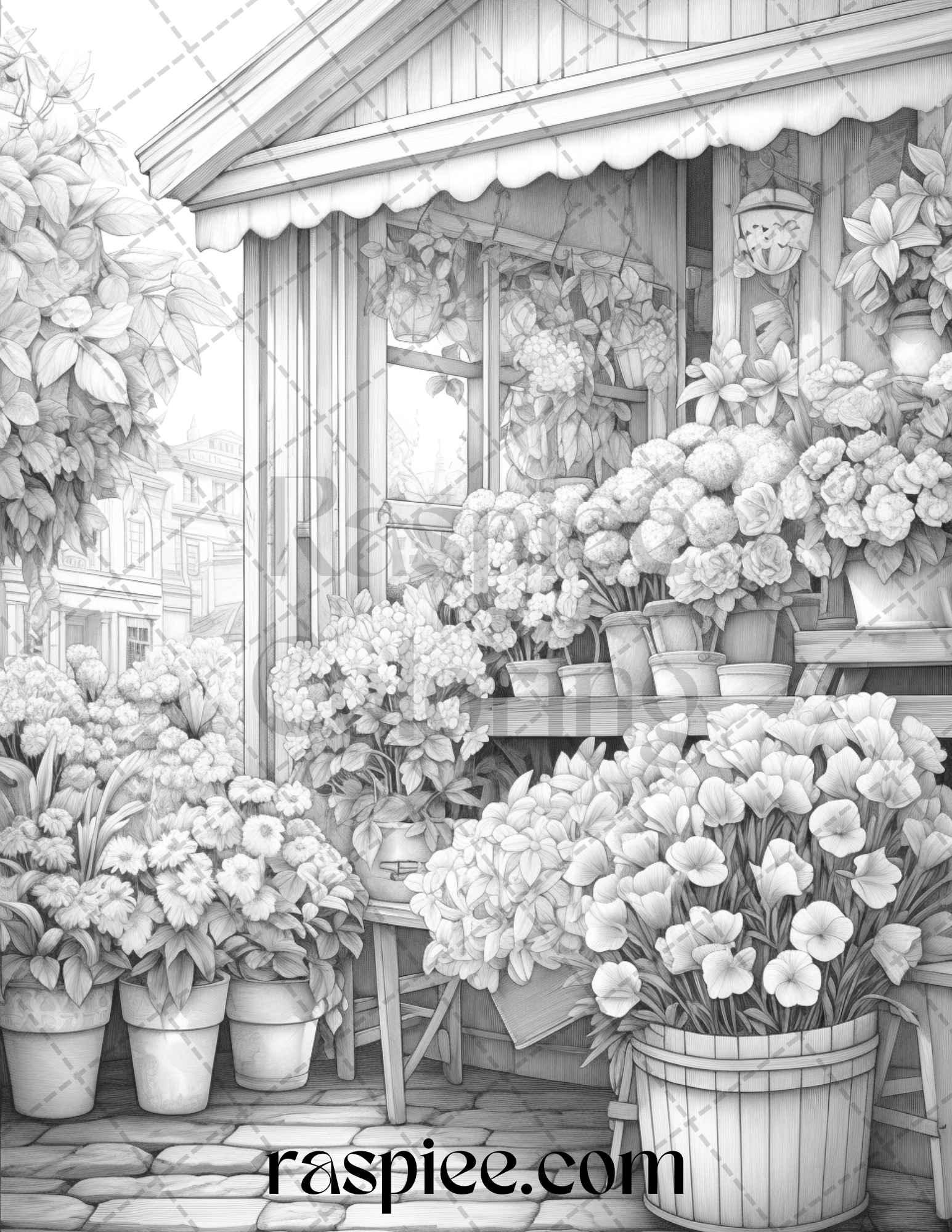 45 Flower Store Front Grayscale Coloring Pages Printable for Adults, PDF File Instant Download