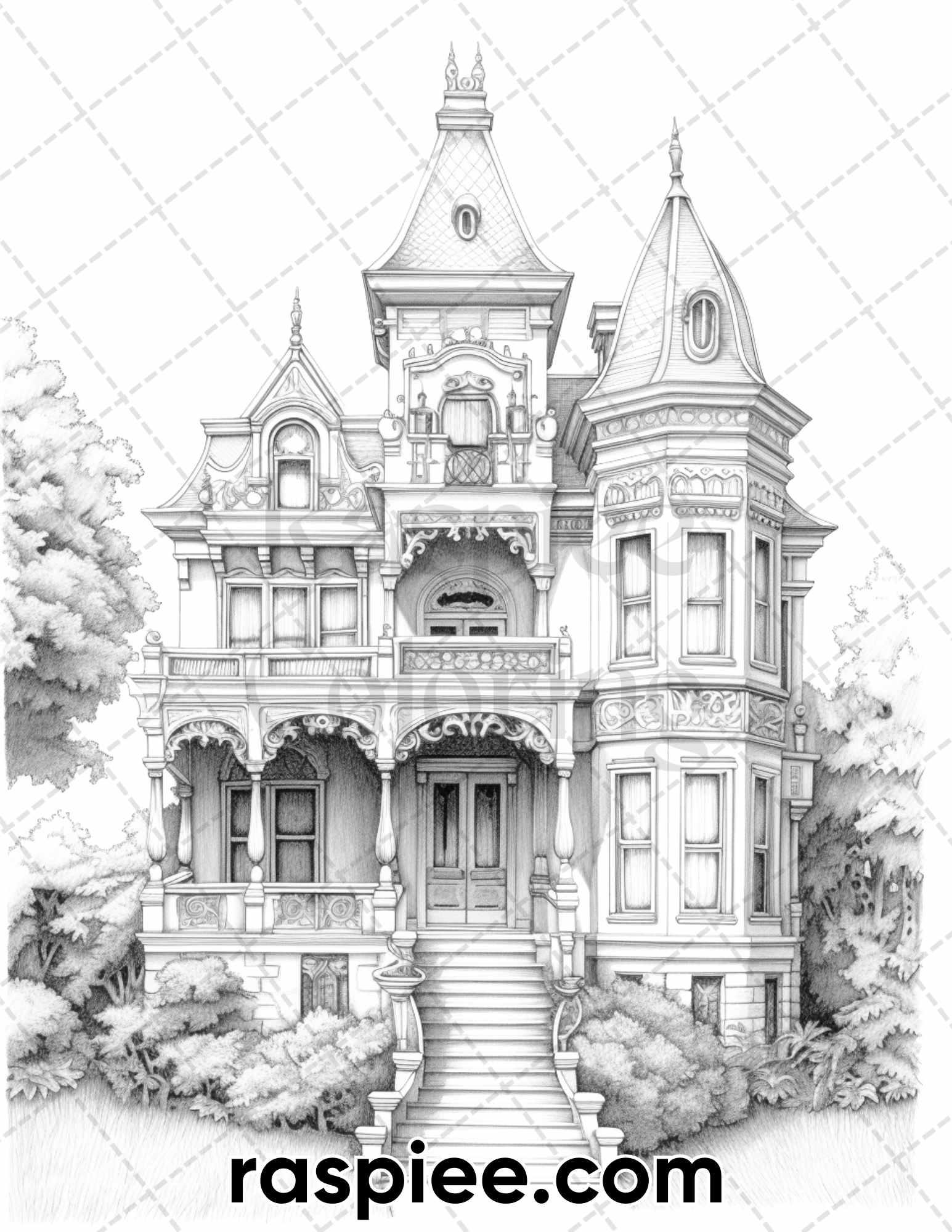 40 Victorian Mansions Grayscale Coloring Pages for Adults, Printable PDF Instant Download