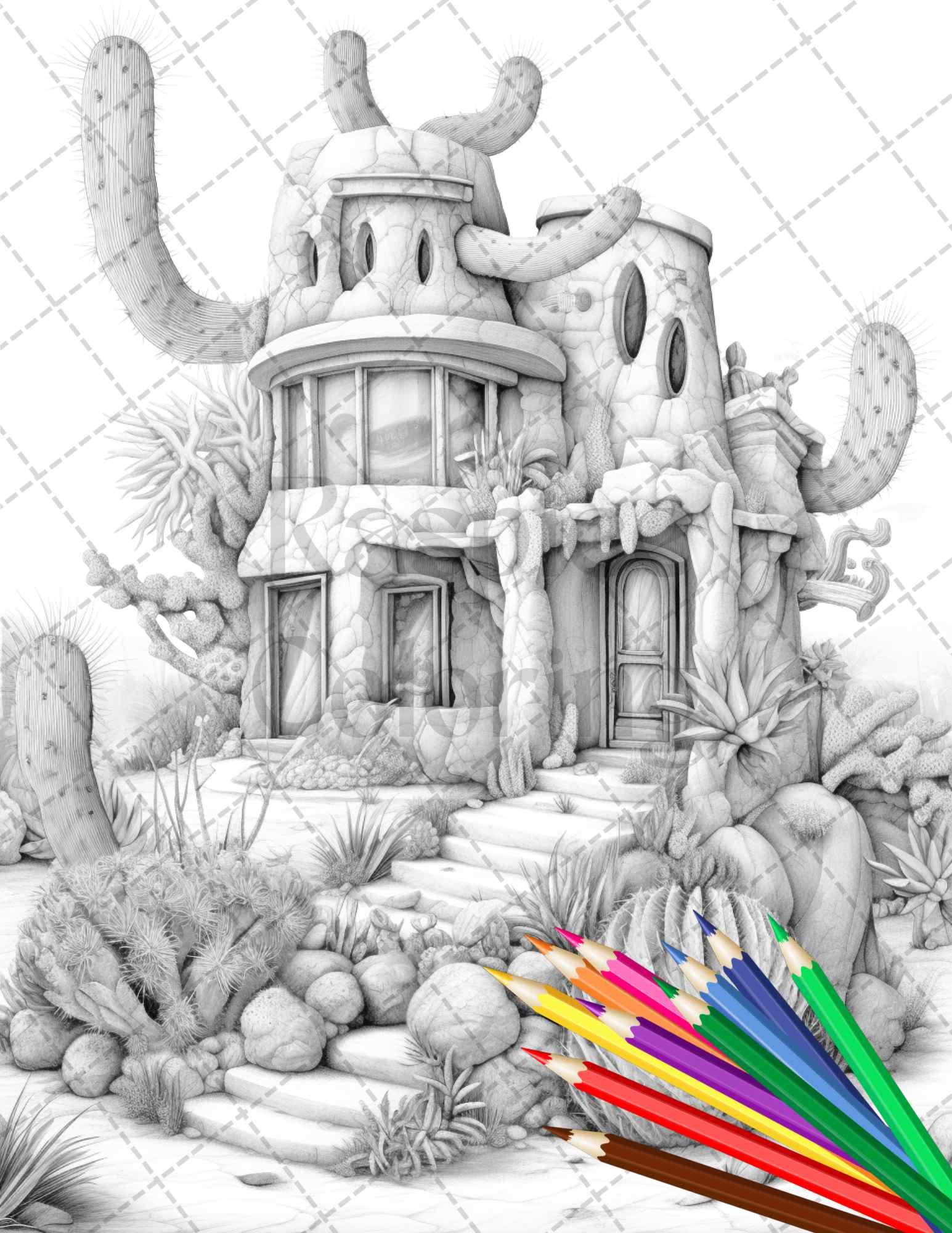 46 Fantasy Cactus Houses Grayscale Coloring Pages Printable for Adults, PDF File Instant Download