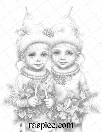 110 Christmas Elves Grayscale Coloring Pages Printable for Adults Kids, PDF File Instant Download