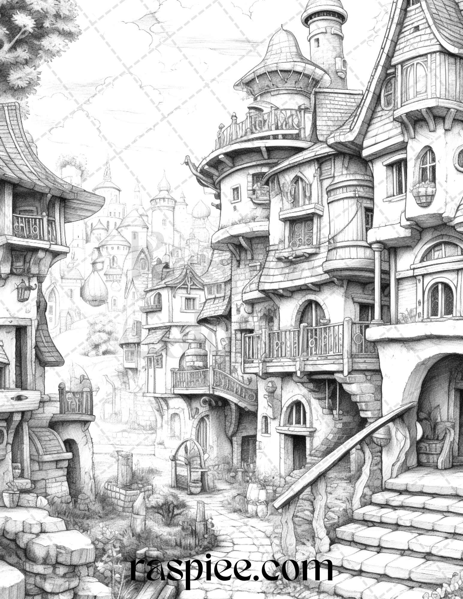 40 Fantasy Village Grayscale Coloring Pages Printable for Adults, PDF File Instant Download