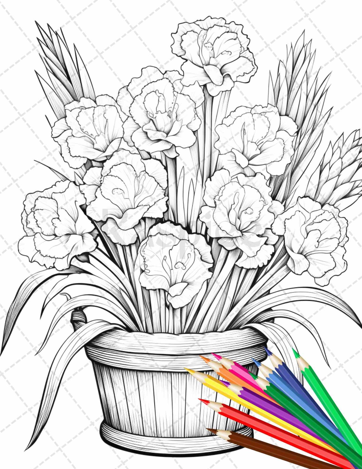 30 Flower Baskets Grayscale Coloring Pages for Adults, PDF File Instant Download