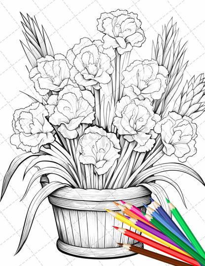 30 Flower Baskets Grayscale Coloring Pages for Adults, PDF File Instant Download