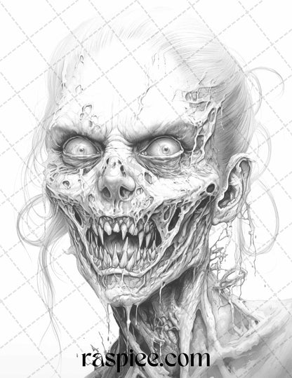 40 Scary Zombie Girls Grayscale Coloring Pages Printable for Adults, PDF File Instant Download