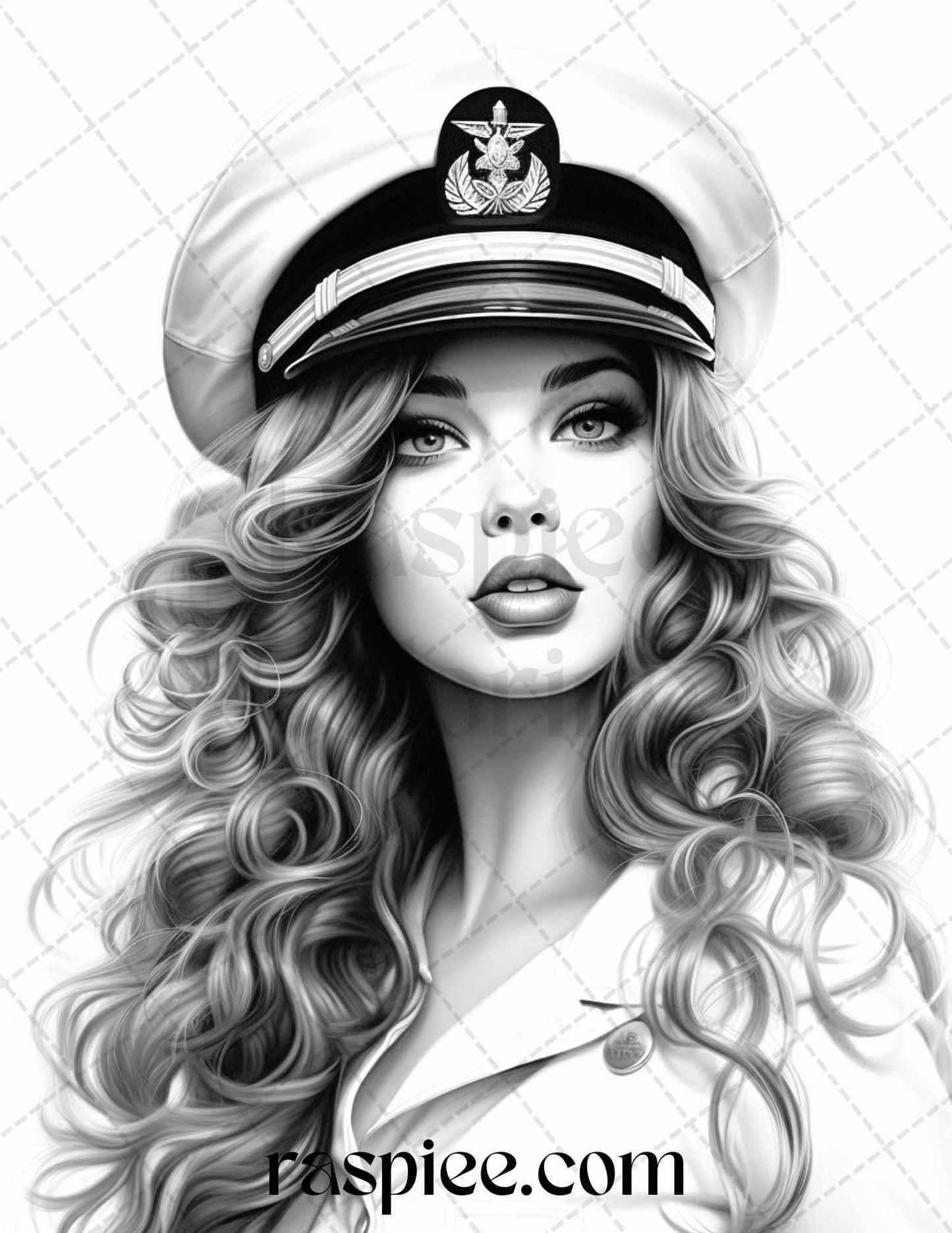 40 Sailor Pin Up Girls Grayscale Coloring Pages Printable for Adults, PDF File Instant Download