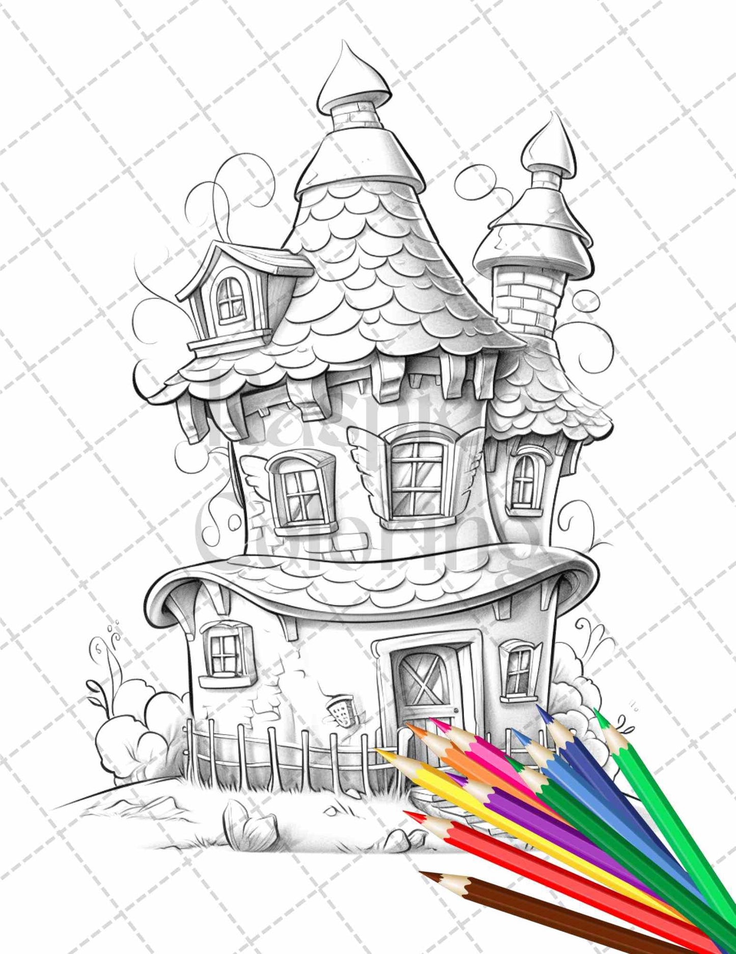 50 Adorable Cake Houses Grayscale Coloring Pages Printable for Adults and Kids, PDF File Instant Download